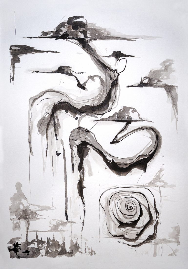 «Bonsai #2, El jardín prometido», composició en tinta xinesa amb un bonsai i una rosa en espiral, de Mai Solsona