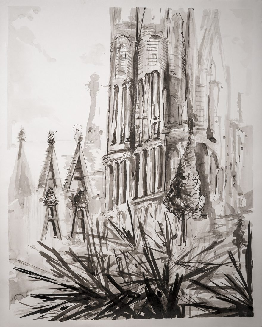 «Sagrada Familia», les torres de la basílica dibuixades en tinta xinesa darrere d’unes palmeres, de Mai Solsona